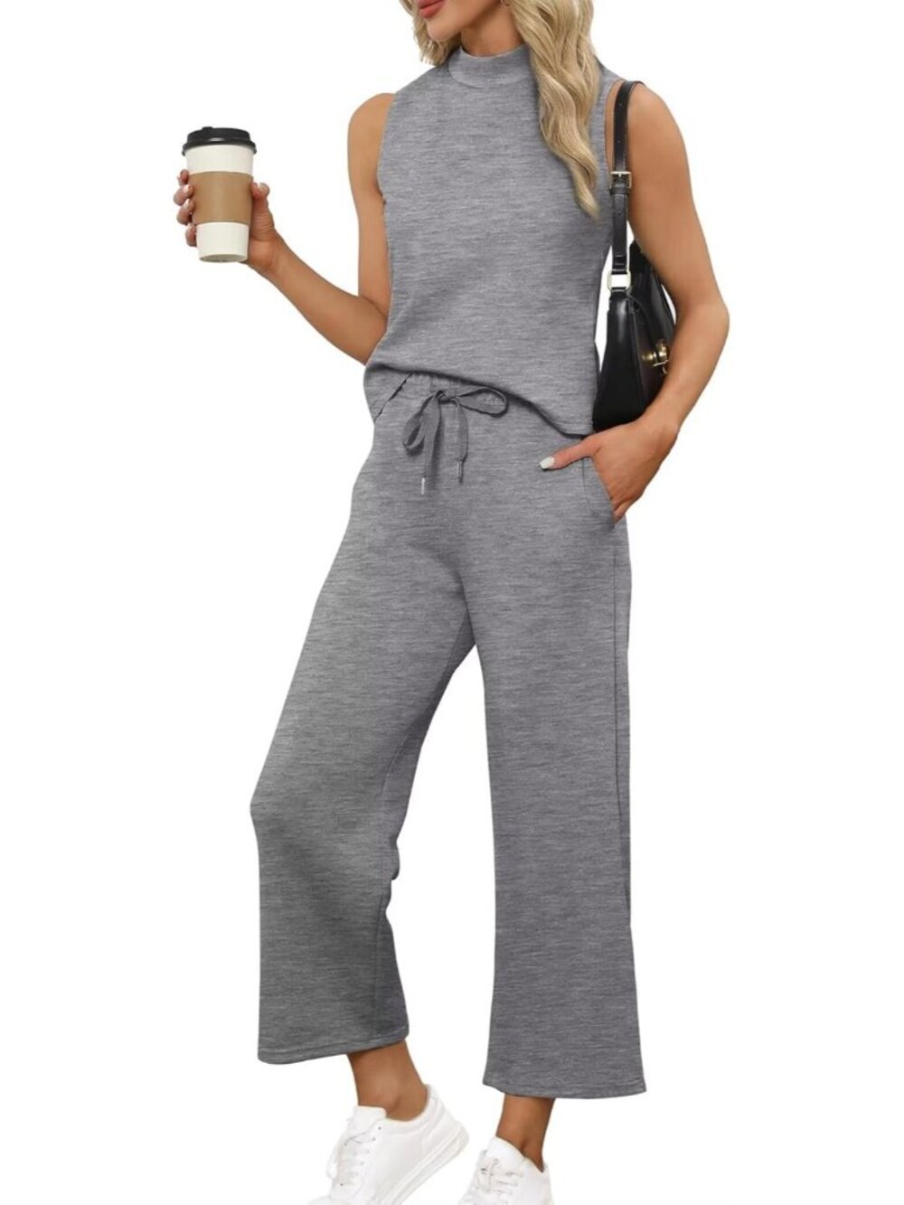 Women's Grey Two Piece Set Summer Outfits Lounge Sets Mock Neck Tops Wide Leg